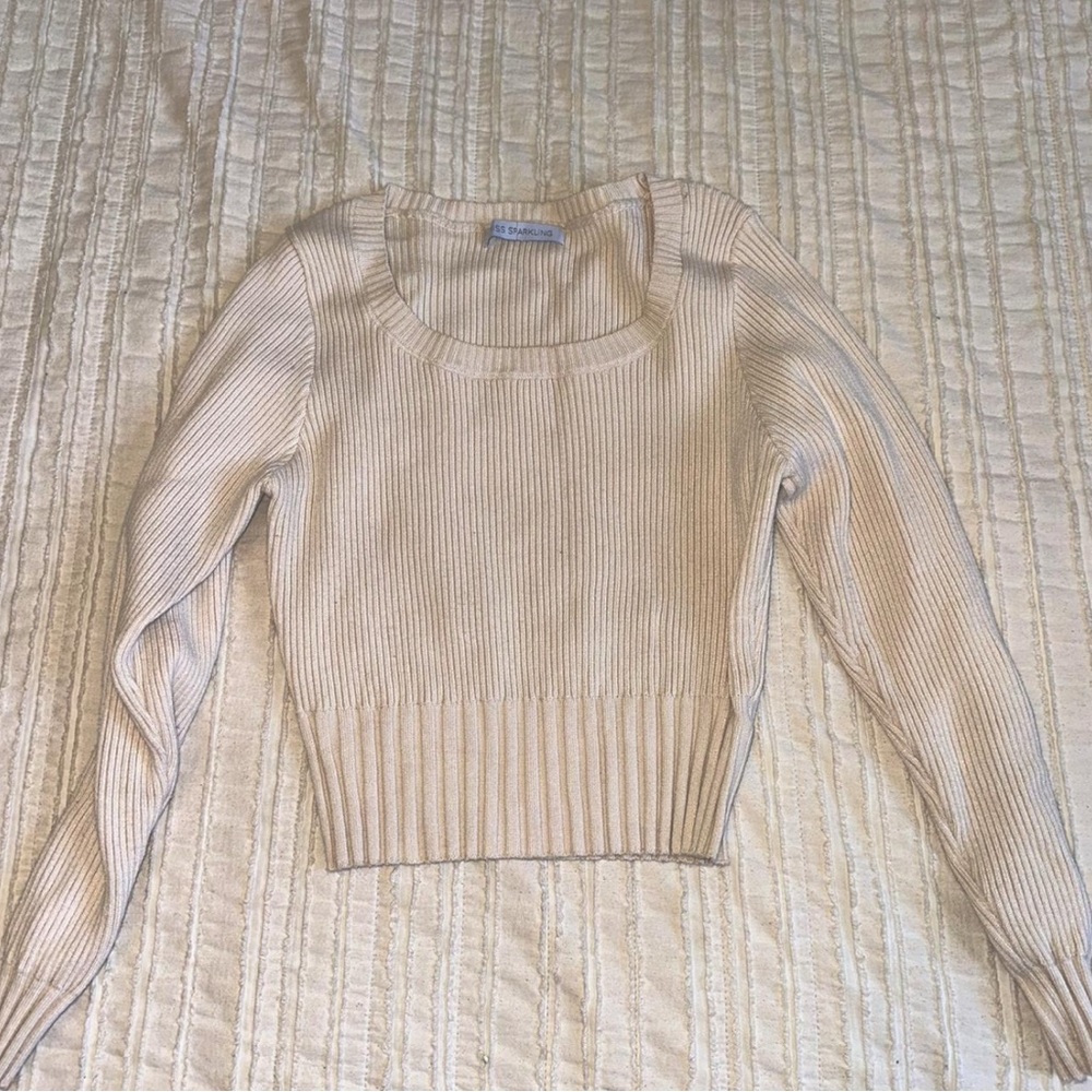 Elegant Cream Ribbed Knit Sweater